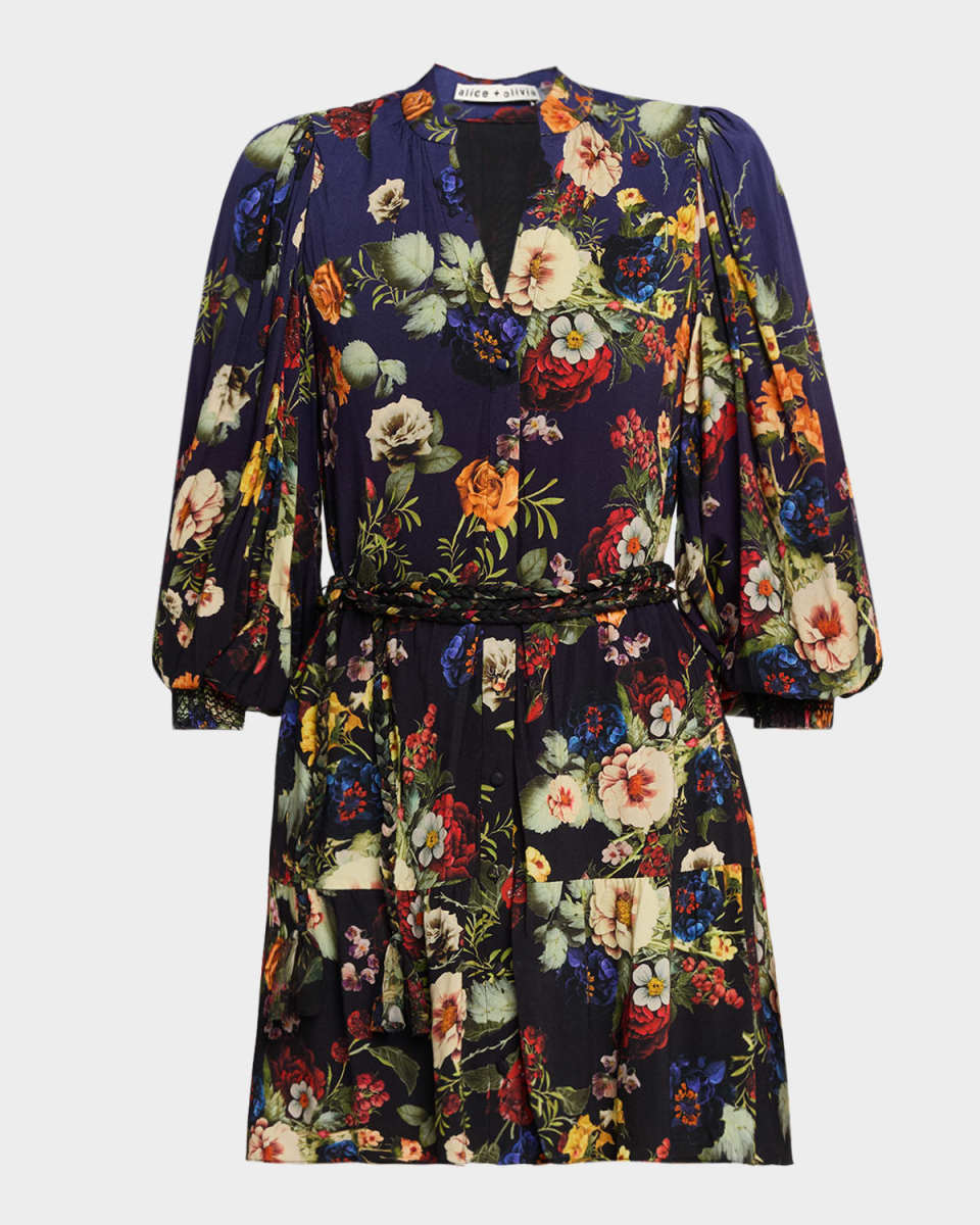 Antonette Floral Belted Long-Sleeve Mini Dress